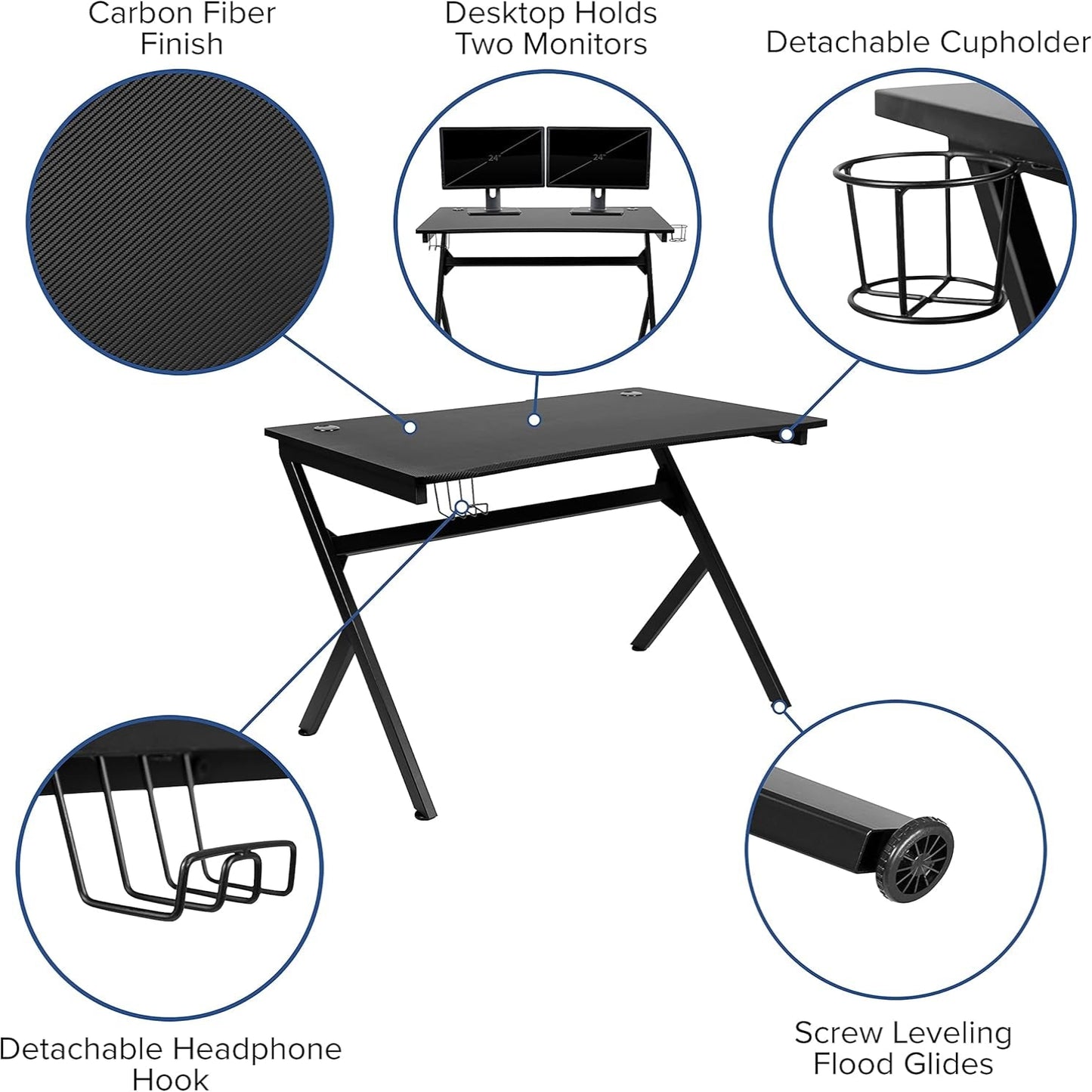 Duncan Gaming Desk 45.25" X 29" Computer Table Gamer Workstation with Headphone Holder and 2 Cable Management Holes, Set of 1,Black