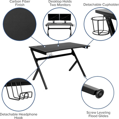 Duncan Gaming Desk 45.25" X 29" Computer Table Gamer Workstation with Headphone Holder and 2 Cable Management Holes, Set of 1,Black