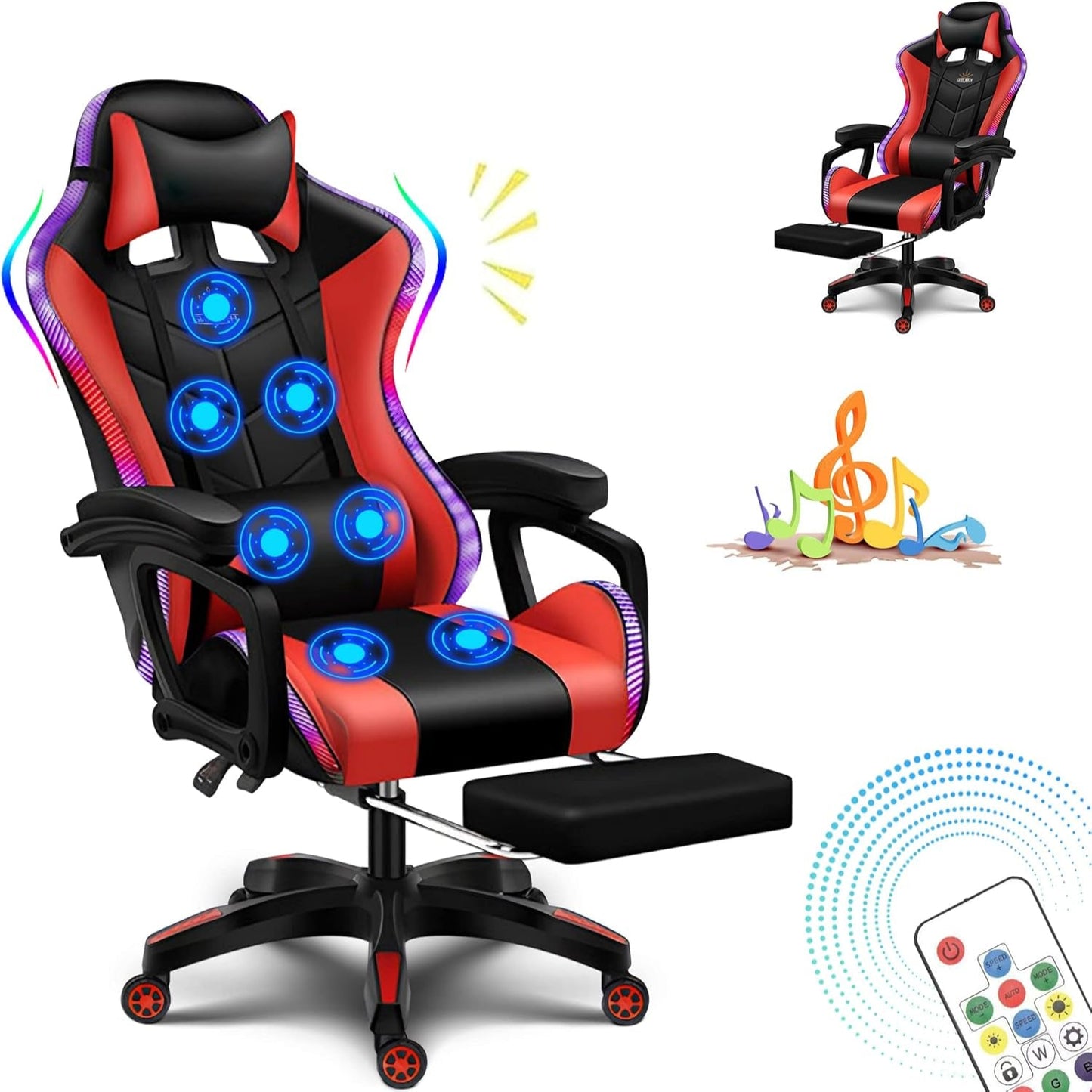 X Rocker Gaming Chair Gaming Chair with RGB Lighting and Speakers, Ergonomic Gaming Chair with Footrest and 7-Point Massage Function, 150° Tiltable Office Chair Gaming Chair for Adults,Red