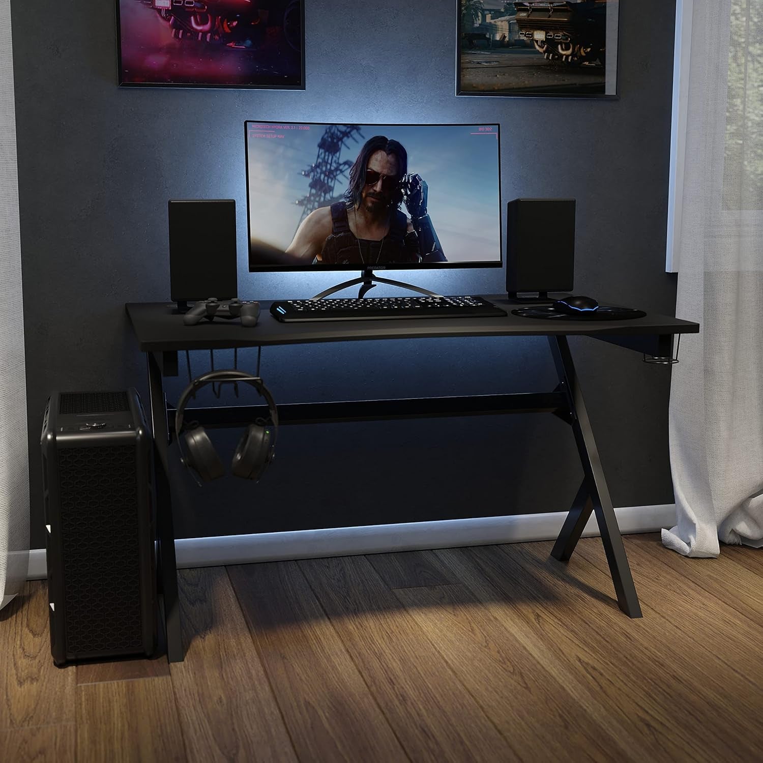Duncan Gaming Desk 45.25" X 29" Computer Table Gamer Workstation with Headphone Holder and 2 Cable Management Holes, Set of 1,Black