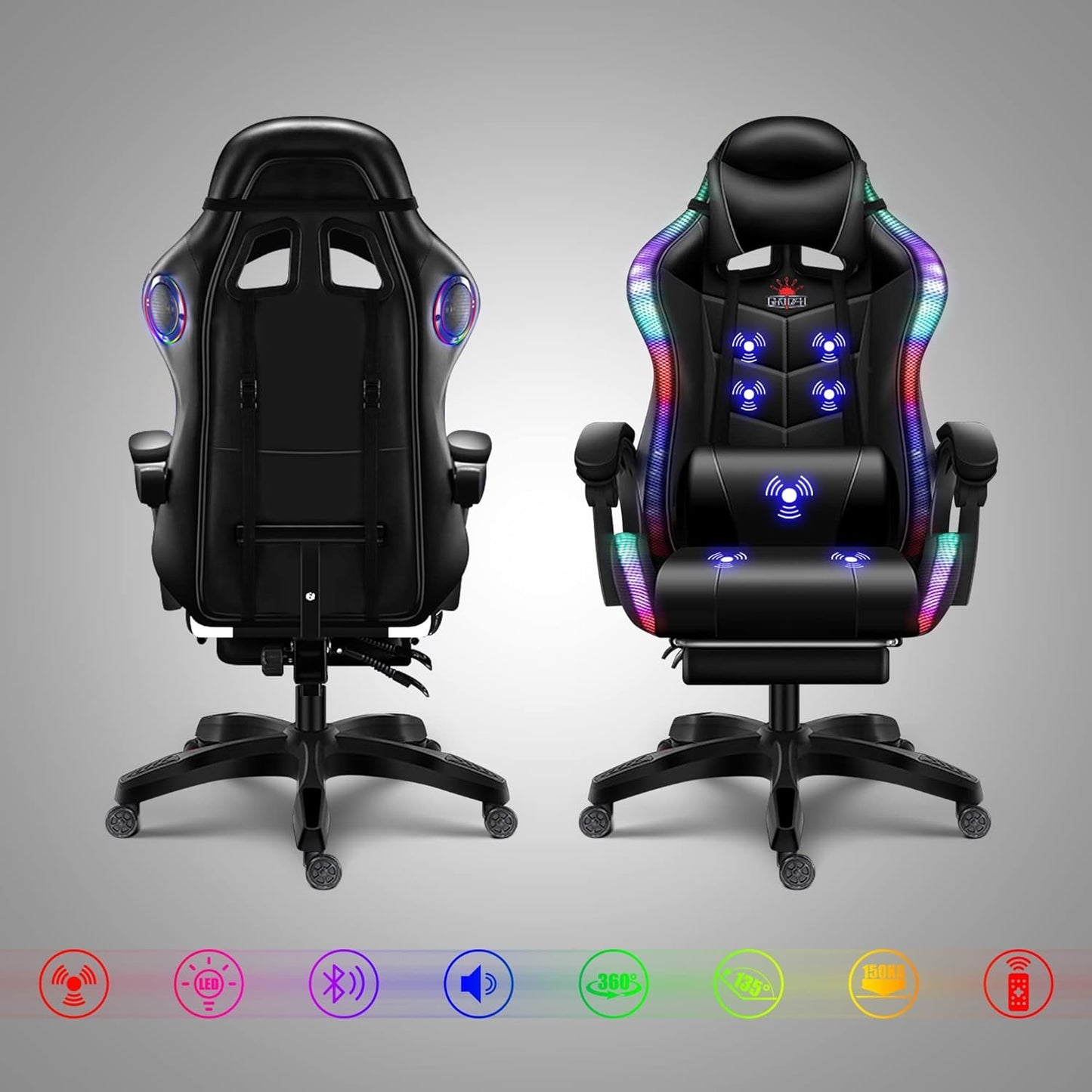 X Rocker Gaming Chair Gaming Chair with RGB Lighting and Speakers, Ergonomic Gaming Chair with Footrest and 7-Point Massage Function, 150° Tiltable Office Chair Gaming Chair for Adults,Red